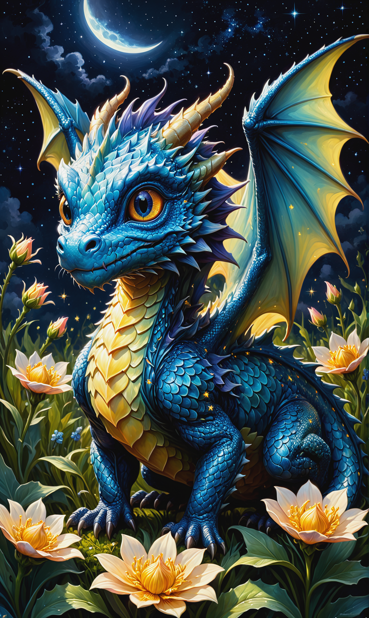 00888-3843335818-art by Phil Koch, Meghan Howland _painting of a cute tiny fantasy dragon in a moonlit glowing flower field, starry sky, fireflie.png